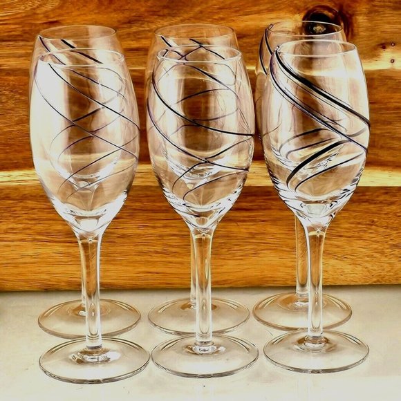 Unmarked Other - 6) Fused Glass Swirl Delicate Double Line Champagne Flutes 8" Glasses blue black